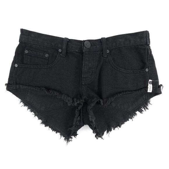 ONE TEASPOON No 2s Low Waist Jean Short Raw Curved Hem Black Denim Boho Grunge - Picture 1 of 10